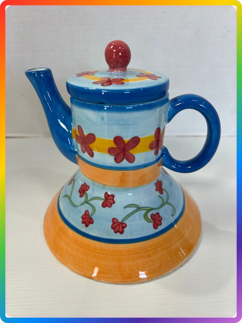 Vintage I Godinger & Co Floral Hand Painted Ceramic Teapot Blue Orange Whimsical